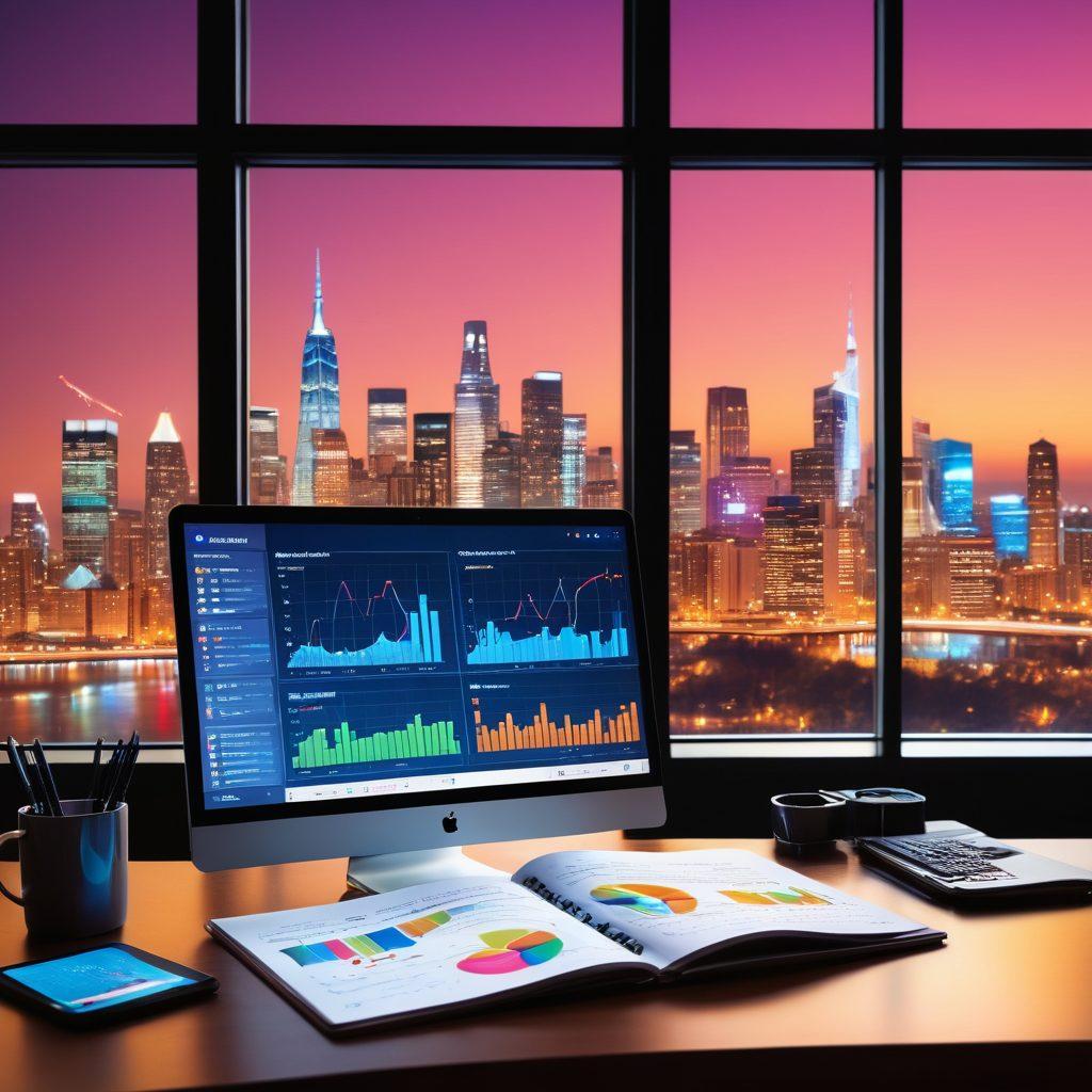 A sophisticated workspace featuring multiple screens displaying colorful analytics graphs and charts, with a stylish pen and open notebook on the desk. Soft ambient lighting gives a cozy yet professional feel, with elements representing digital marketing like social media icons and a coffee cup for inspiration. The backdrop shows a city skyline through a large window, symbolizing the digital world. modern and sleek design. super-realistic. vibrant colors.