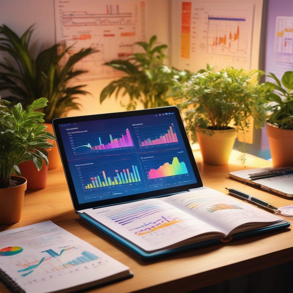 A visually striking open diary with pages filled with data visuals and colorful infographics, surrounded by digital devices representing data analysis. The background features a serene workspace with plants and warm lighting, symbolizing creativity and insights. Include flowing lines of data streaming around, connecting the notebook to a vibrant digital world. super-realistic. vibrant colors. soft focus.