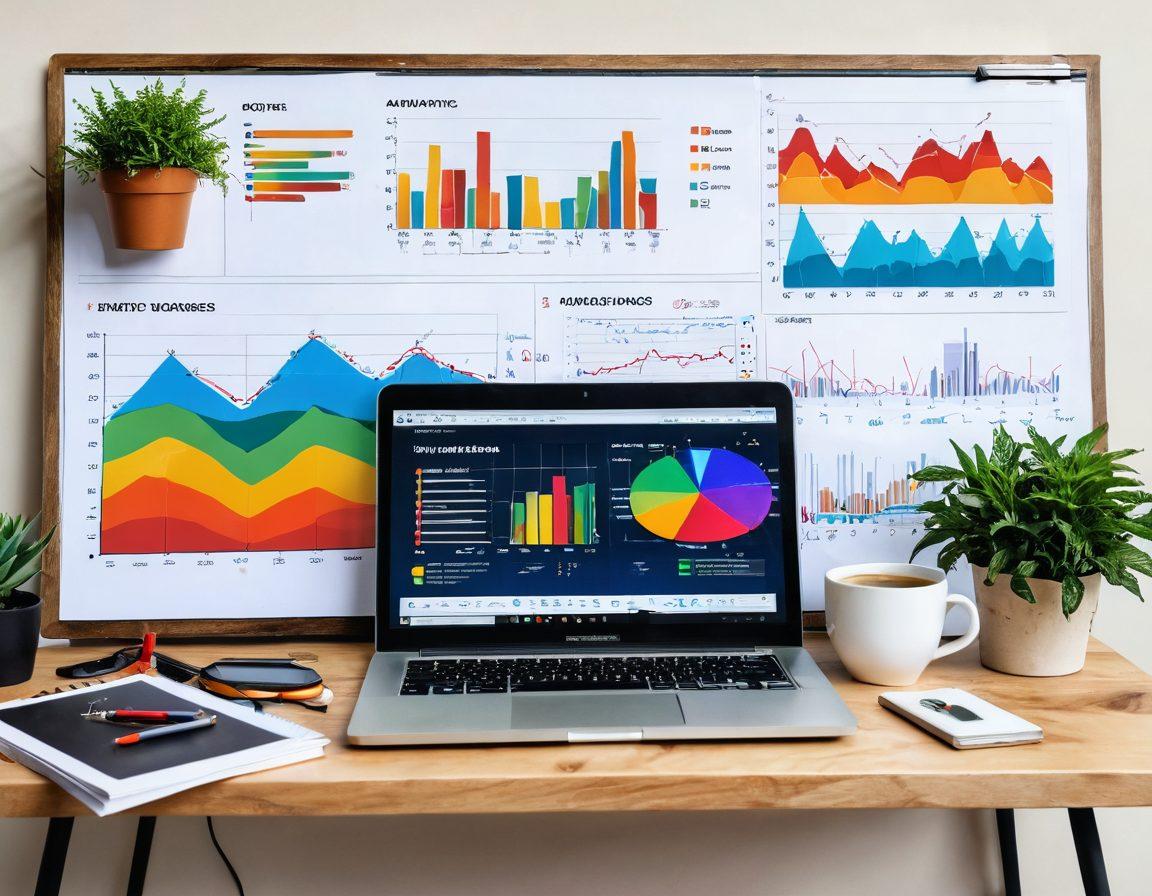 A creative workspace featuring an open laptop with an analytics dashboard on the screen, surrounded by colorful charts and graphs. Include a notepad with handwritten notes and a steaming coffee cup for inspiration. The background should evoke a sense of creativity and productivity with plants and art on the walls. super-realistic. vibrant colors. white background.